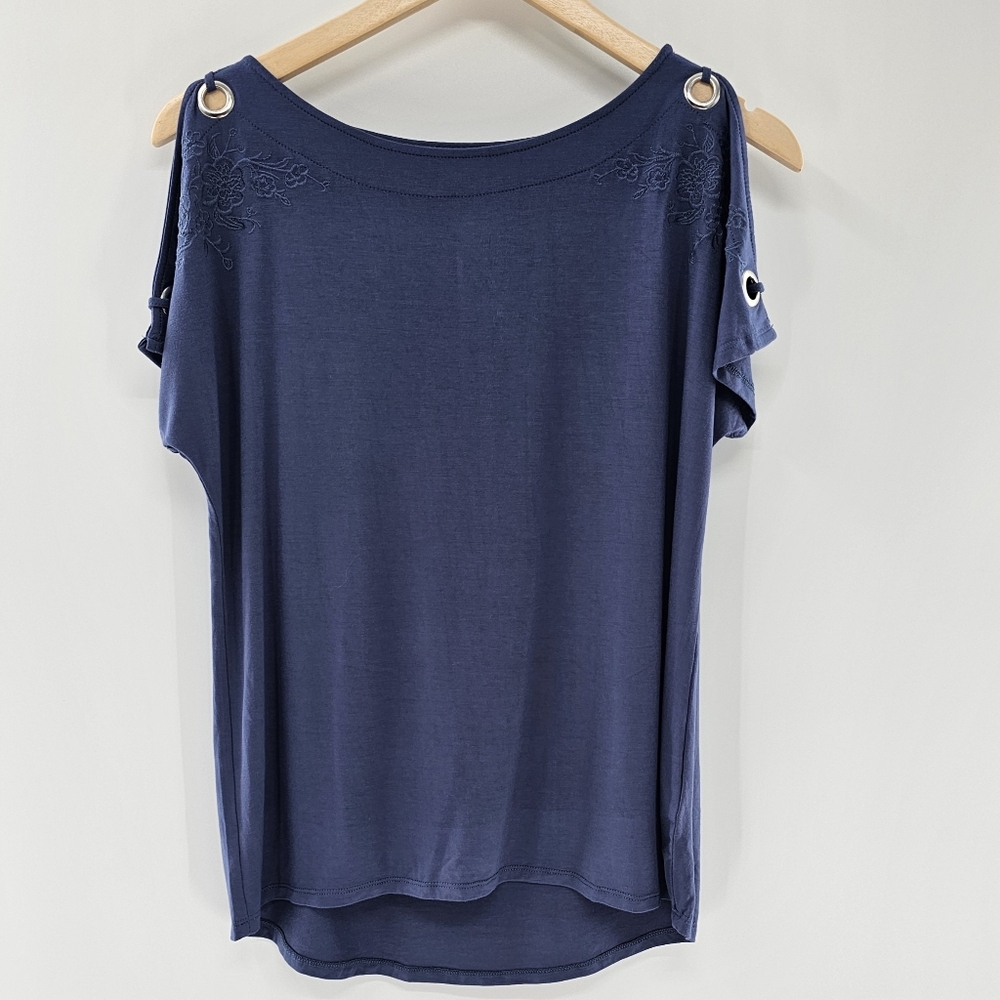 Cable & Gauge Vintage Blue Boatneck Peekaboo Capped Sleeve Top Womens Size Small